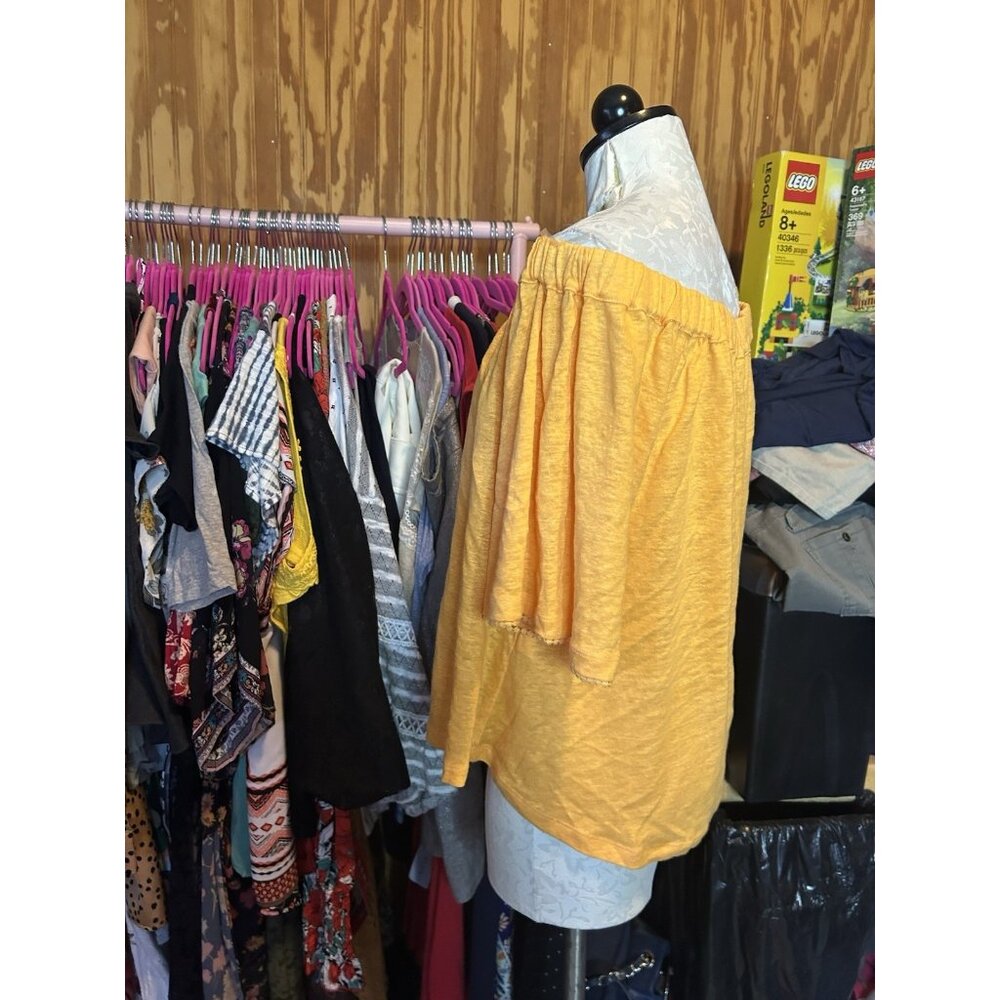 Chico's Orange Tropical 100% Linen Top Cold Shoulder Knit Stretch Sz 1 (M) - Picture 5 of 9